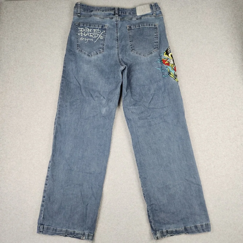 Ed Hardy Jeans Women's 32 Blue Wide Leg Tattoo Embroidered Eagle Heart Graphic‎
